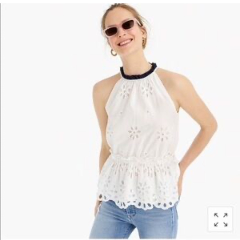 J. Crew Women’s Floral Eyelet White, Navy Sleeveless Ruffled Peplum‎ Blouse XS